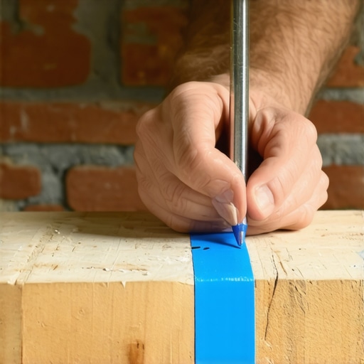 Carpenter using a compass to mark a scribe line on wood against uneven brick masonry