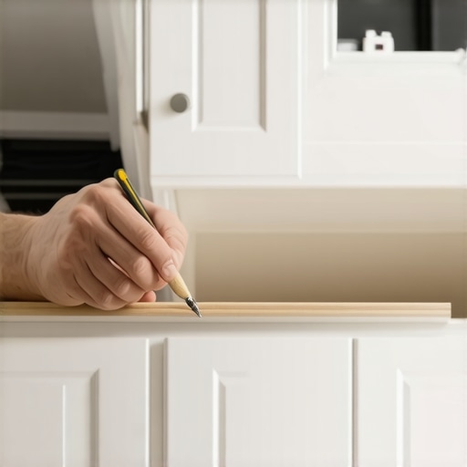 A carpenter using a scribing tool to trace ceiling contours on wood trim