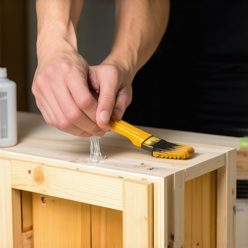 Applying clear waterproof sealant to the raw edges of a bathroom vanity to prevent wood rot and swelling.