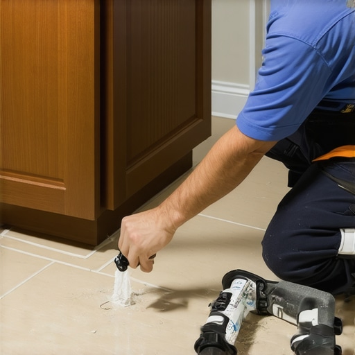 Applying silicone sealant to the rear edge of a bathroom vanity to prevent moisture and water vapor damage.
