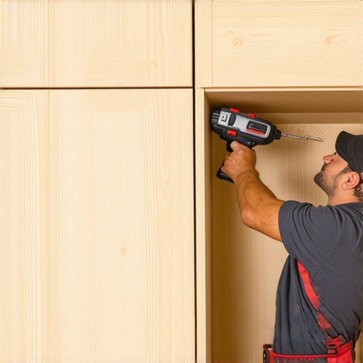Close-up of a carpenter reinforcing a built-in wardrobe using steel brackets for structural stability.