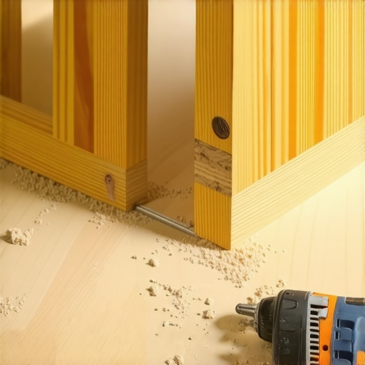A professional contractor using a drill to anchor a wooden cleat for a kitchen island installation.