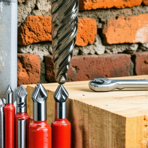 Rotary hammer drill and masonry anchors being used on an old brick wall for cabinet installation.