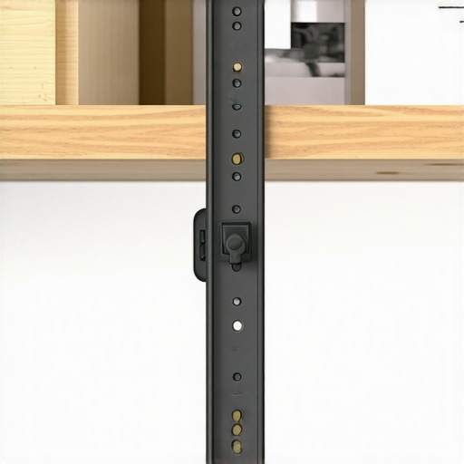 Close-up of a heavy-duty steel L-bracket installed into a wall stud to support a wooden closet shelf.