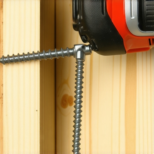 Close up of a structural lag screw being installed into wood blocking for a floating vanity