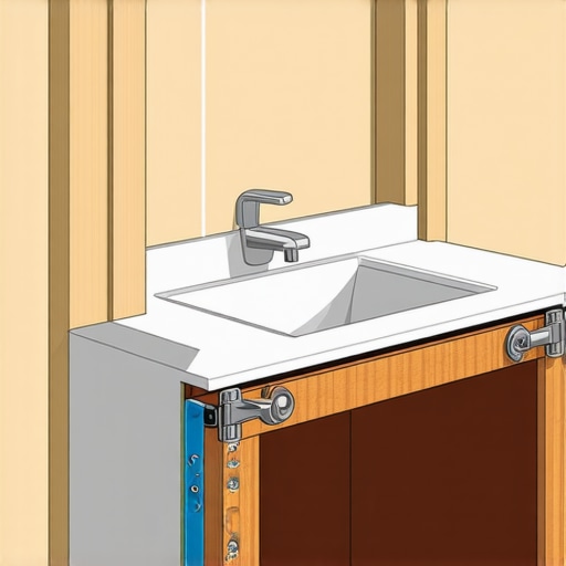 Technical cross-section of a floating vanity showing internal steel plates and structural fasteners for heavy load support.