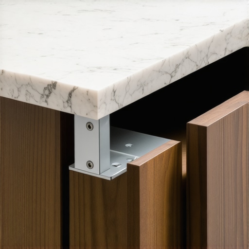 Close-up of a steel gusset reinforcing a custom cabinet frame for a heavy quartz countertop.