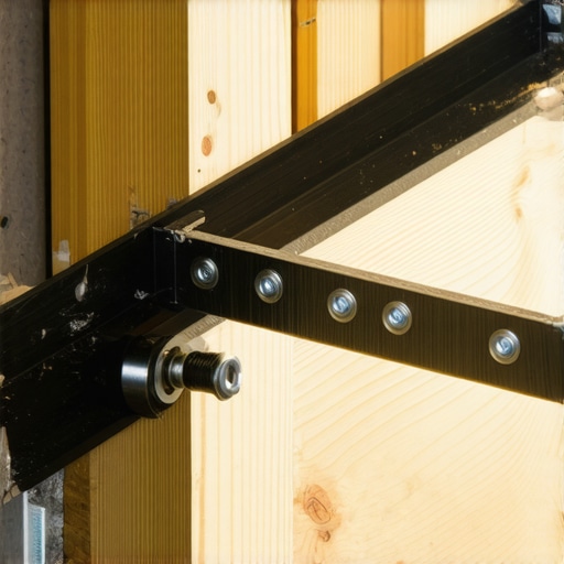 Close-up of steel rail installation for heavy cabinets showing structural screws and level.