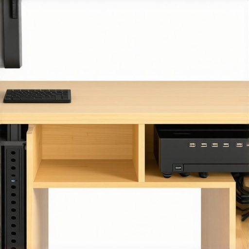 A technical 3D cross-section of a built-in desk showing how to vent a hidden cable cavity for power bricks.
