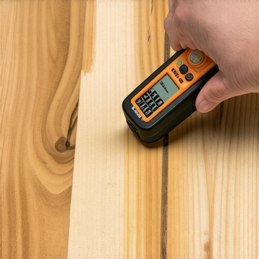 Testing Wood Moisture Before Installation A hand holding a digital moisture meter against a wood plank to ensure structural stability.