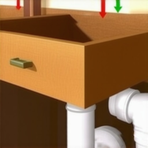 The Common Conflict Between Vanity Drawers and Plumbing Diagram showing a vanity drawer hitting a P-trap plumbing pipe inside the cabinet