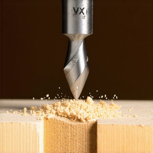 Close up of a self-centering drill bit used for precision cabinet hinge installation.
