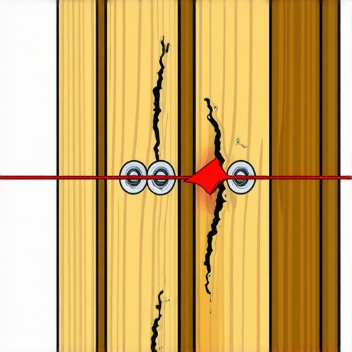 Close up of a wooden stud splitting due to over-crowded heavy-duty fasteners.