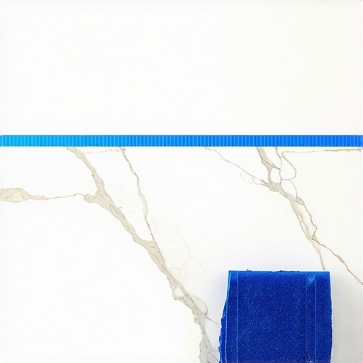 Blue painter's tape applied to a bathroom wall and marble backsplash to create a clean line for silicone sealant.