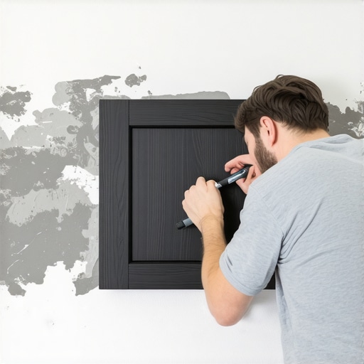 Professional carpenter scribing a custom cabinet to a wavy wall for a perfect fit.