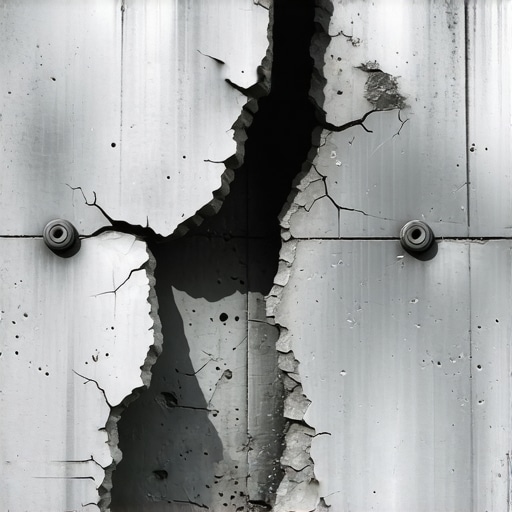 The danger of improper anchor spacing in concrete Close-up of a cracked concrete wall showing failed wedge anchors installed too close together.