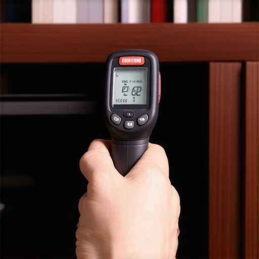 A technician using an infrared thermometer to check for heat pockets inside a custom built-in media center.