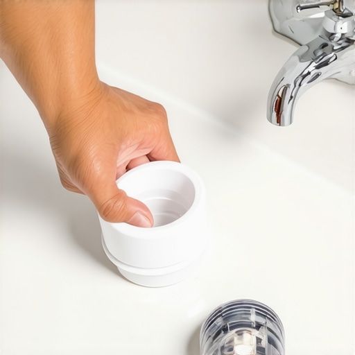 Hands tightening a plastic P-trap under a bathroom vanity to fix a leak.