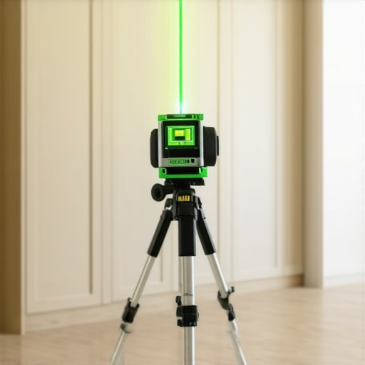 Professional laser level projecting green alignment lines on wooden cabinets for precision installation.