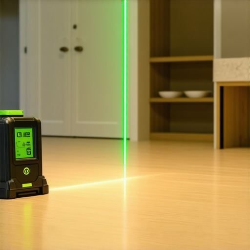 A professional laser level being used to align custom kitchen cabinetry.