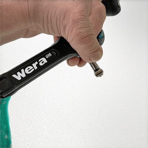 Wera Joker wrench tightening a pedestal sink bolt against a bathroom wall.