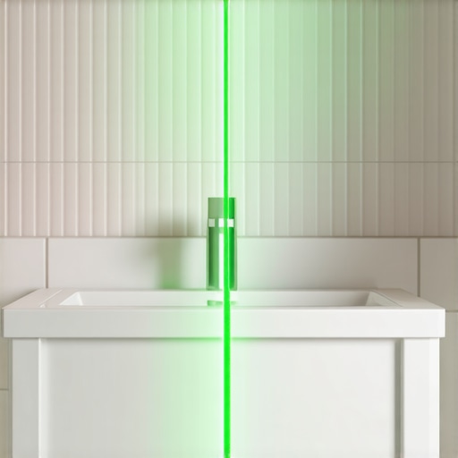 Professional green beam laser level projecting a line on a bathroom vanity for precision leveling