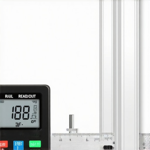 A hand holding a digital level against a metal garage storage track to check for load-bearing sag.