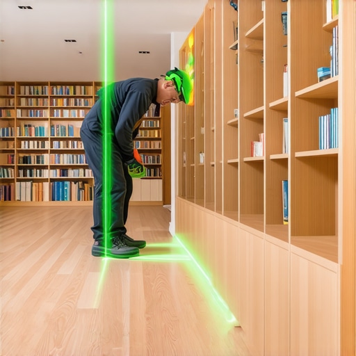 A green beam laser level being used to align a tall custom bookshelf unit.