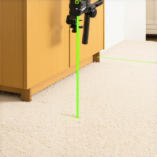 A green laser level projecting a line onto a cabinet base on thick carpet for precise leveling.