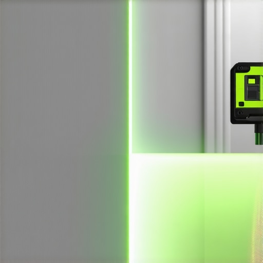 Professional green beam laser level projecting a line on a bathroom wall for vanity installation.