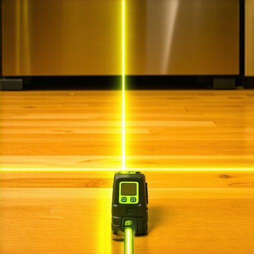 Professional cross-line laser level aligning a sliding pantry track on a wood floor.