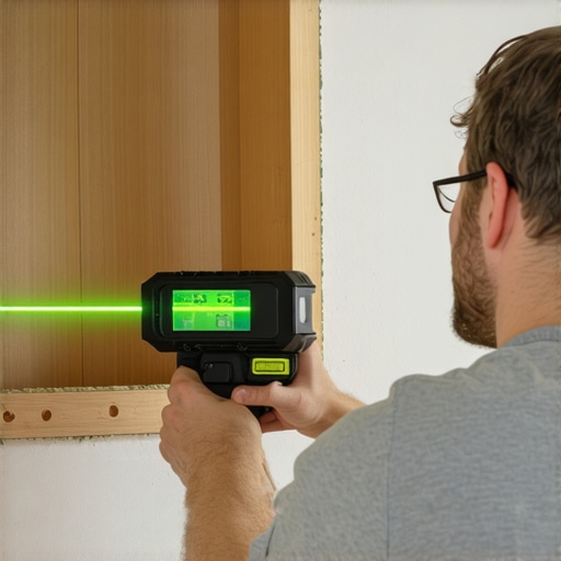 A green laser level projecting lines onto a bathroom wall for medicine cabinet installation.