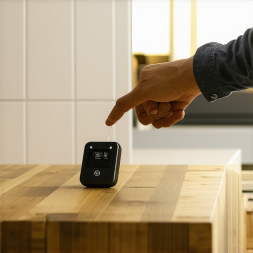 A pinless moisture meter testing a tiled wall near a floating wood bench for water intrusion