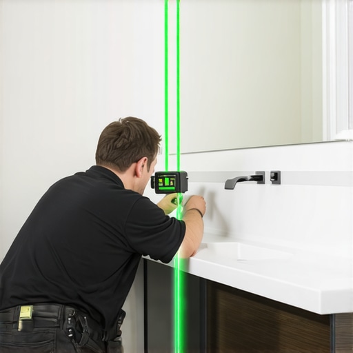 Contractor aligning a 72-inch floating vanity with a green beam laser level.