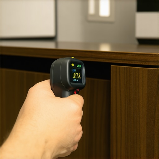 A woodworker using an infrared thermometer to check temperature gaps in a custom media console.