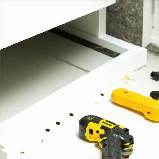 Waterproof PVC vanity base installation Installing a moisture-proof PVC base for a bathroom vanity on a tiled floor.